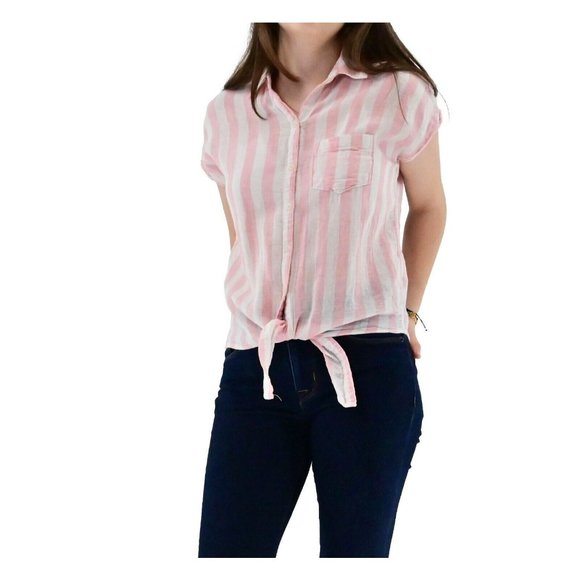 OLD NAVY Womens Striped Linen Cotton Tie Front Button Up Top Pink White Size XS - Picture 2 of 6